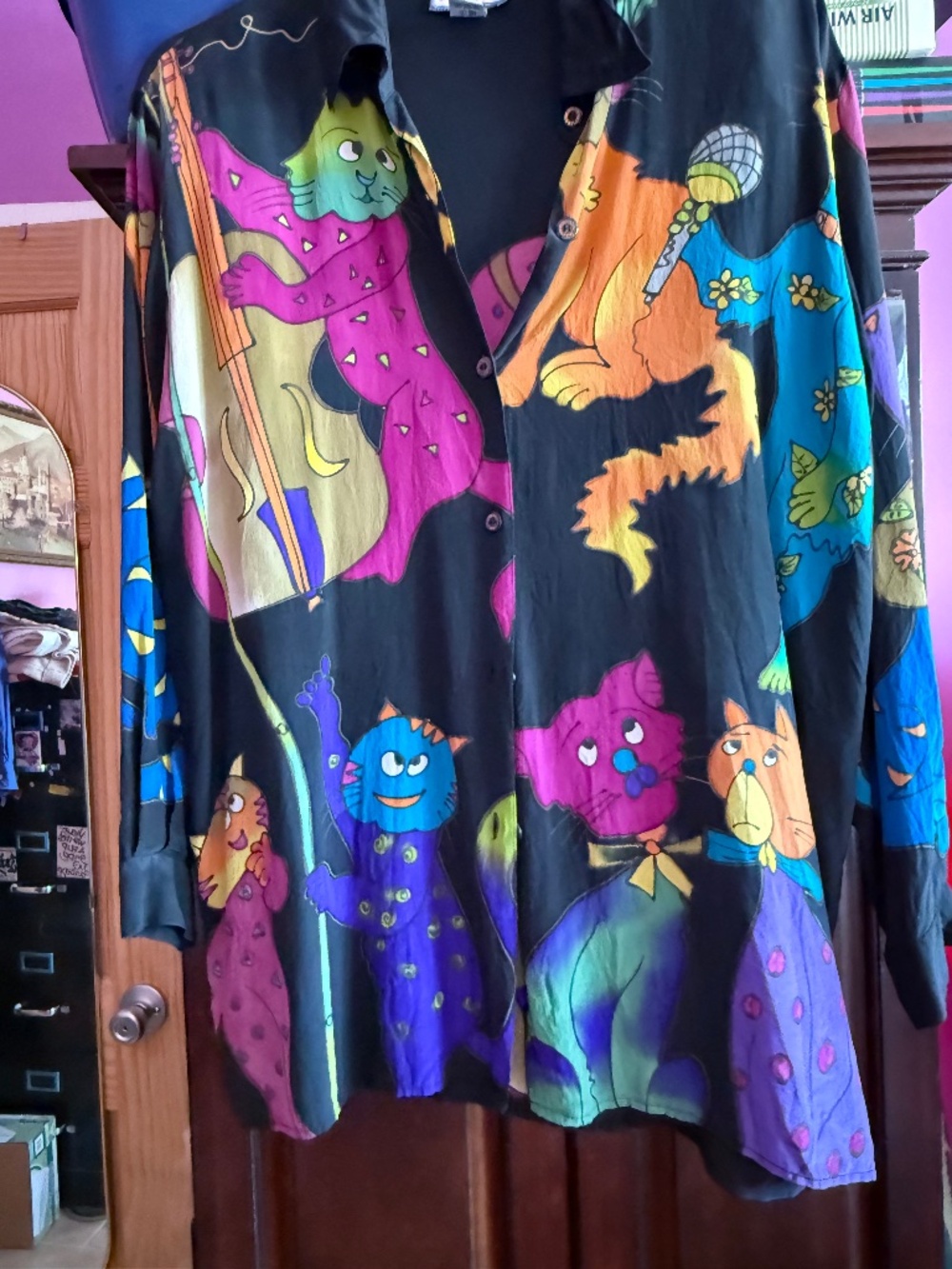 Vintage Simply Silk 100% Silk Novelty Cat Blouse XL Oversized Musician Cats Art